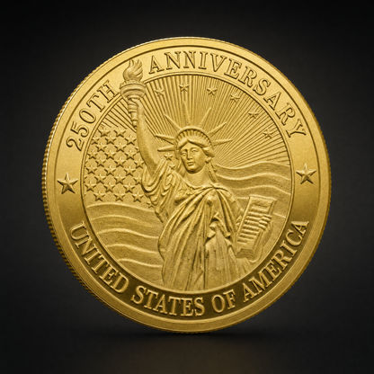Liberty 250 Coin Independence Edition, obverse, the Statue of Liberty against a flag field with 250TH ANNIVERSARY above and UNITED STATES OF AMERICA below