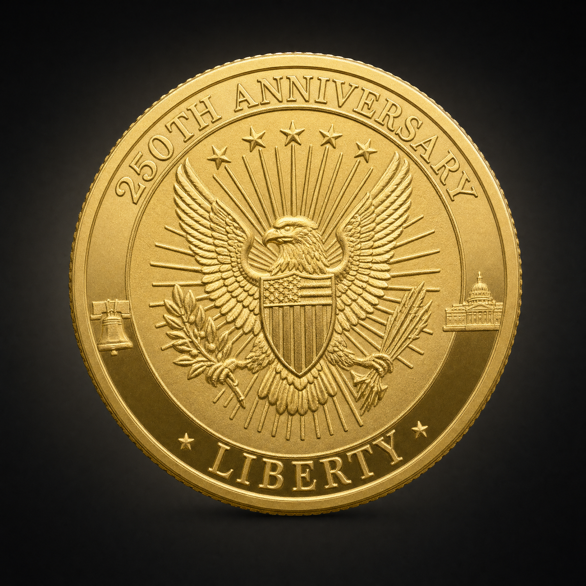 Liberty 250 Coin Independence Edition, reverse, the eagle and shield against a sunburst with 250TH ANNIVERSARY above and LIBERTY below