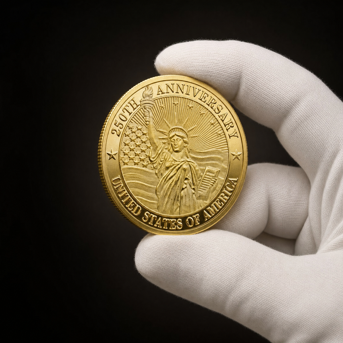 Liberty 250 Coin Independence Edition held in a white cotton conservator glove, obverse toward the camera