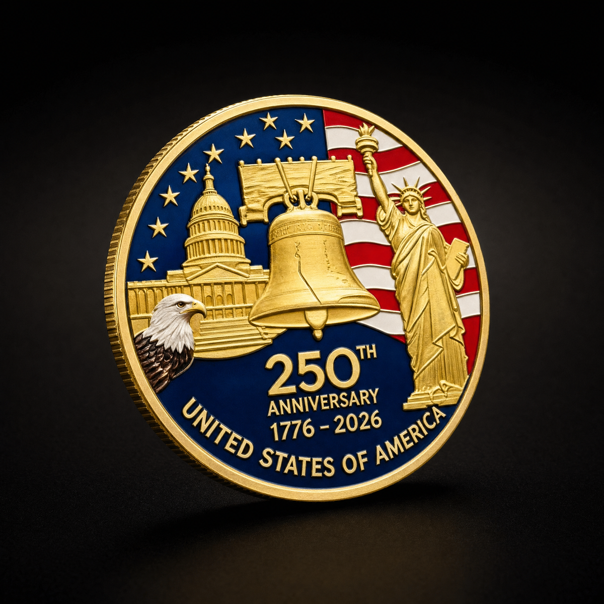 Liberty 250 Coin Union Edition, three-quarter view of the gold coin with its colourised face on the 47 Vault black studio ground