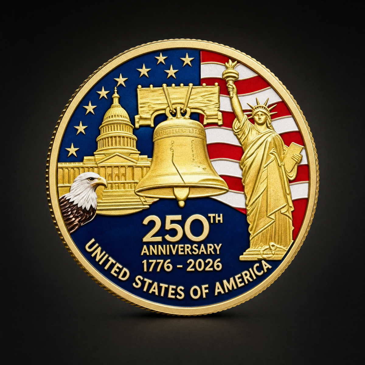 Liberty 250 Coin Union Edition, obverse, the Liberty Bell, Capitol and Statue of Liberty against a colourised flag field with 250TH ANNIVERSARY, 1776 to 2026 and UNITED STATES OF AMERICA