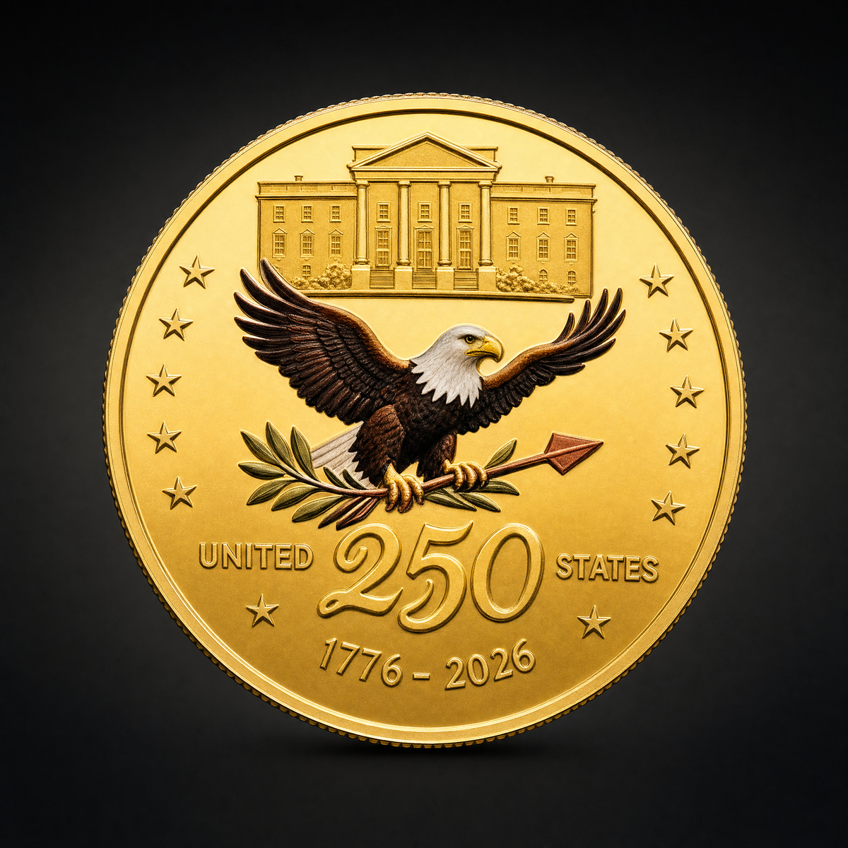 Liberty 250 Coin Union Edition, reverse, the White House above an eagle with UNITED 250 STATES across the centre and the dates 1776 to 2026 below