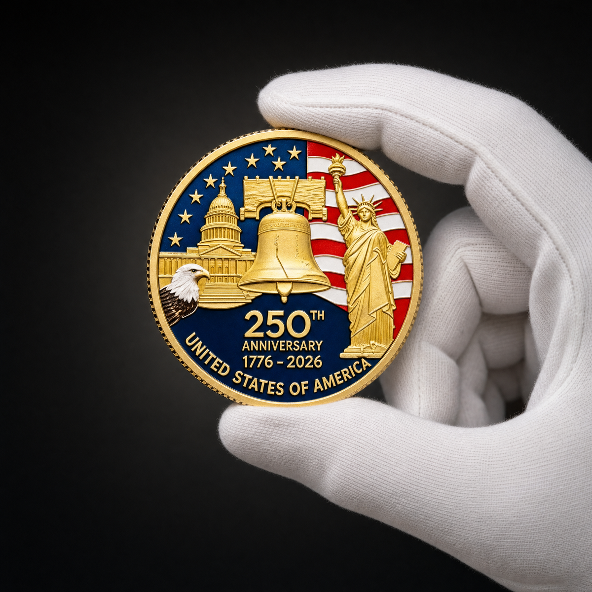 Liberty 250 Coin Union Edition held in a white cotton conservator glove, colourised face toward the camera
