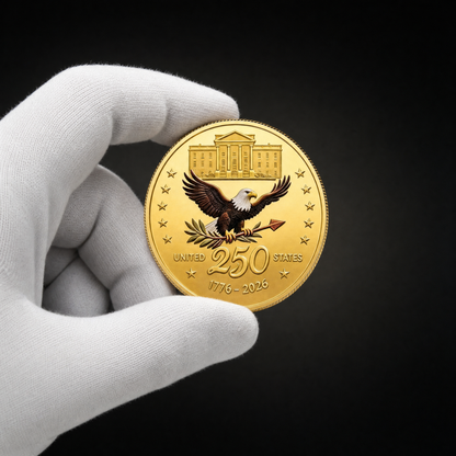 Liberty 250 Coin Union Edition held in a white cotton conservator glove, reverse toward the camera