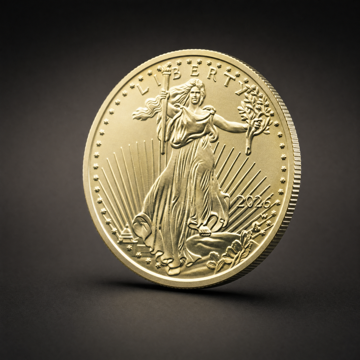 Liberty 2026 Coin Radiance Edition, three-quarter view of the gold-plated tribute replica on the 47 Vault black studio ground