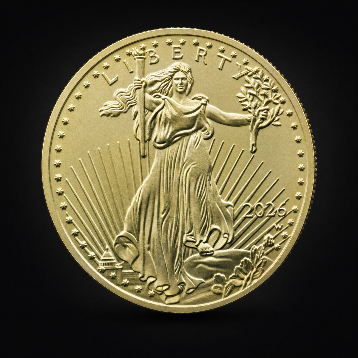 Liberty 2026 Coin Radiance Edition, obverse, the striding Liberty figure with a torch and olive branch, LIBERTY above and the date 2026
