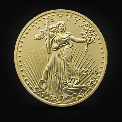 Liberty 2026 Coin Radiance Edition, obverse, the striding Liberty figure with a torch and olive branch, LIBERTY above and the date 2026
