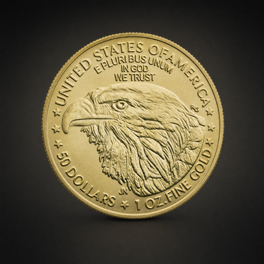 Liberty 2026 Coin Radiance Edition, reverse, an eagle head with UNITED STATES OF AMERICA above and the struck legends 50 DOLLARS and 1 OZ. FINE GOLD across the foot, reproduced as they appear on the piece