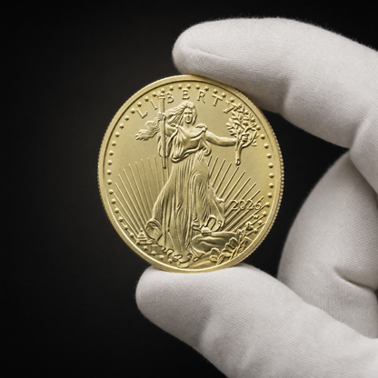 Liberty 2026 Coin Radiance Edition held in a white cotton conservator glove, obverse toward the camera