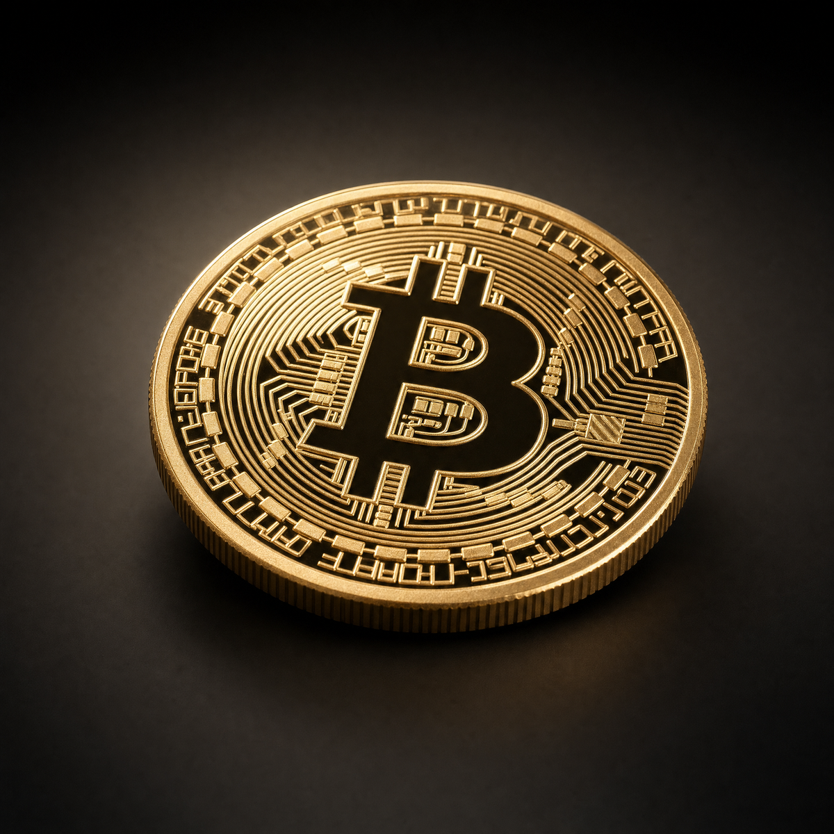 Digital Network Coin Genesis Edition, three-quarter view of the gold-tone novelty coin on the 47 Vault black studio ground