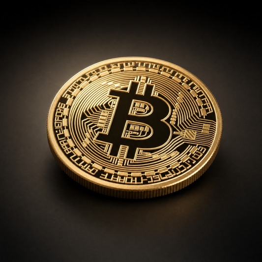 Digital Network Coin Genesis Edition, three-quarter view of the gold-tone novelty coin on the 47 Vault black studio ground