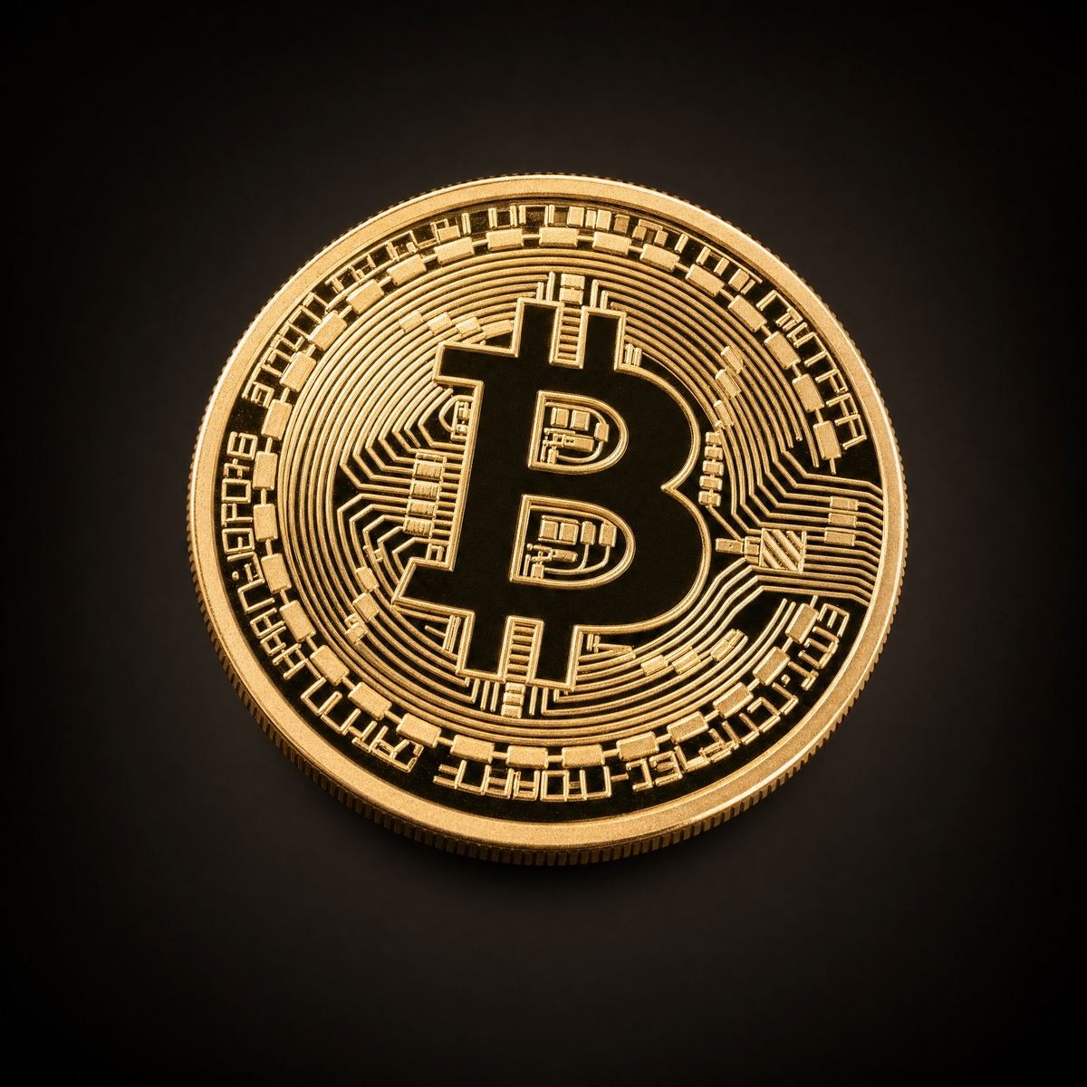 Digital Network Coin Genesis Edition, the struck face showing a darkened Bitcoin symbol over circuit board detailing within a reeded rim. The piece carries no lettering, denomination or serial number