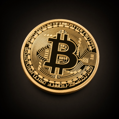 Digital Network Coin Genesis Edition, the struck face showing a darkened Bitcoin symbol over circuit board detailing within a reeded rim. The piece carries no lettering, denomination or serial number