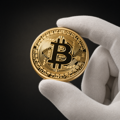 Digital Network Coin Genesis Edition held in a white cotton conservator glove, struck face toward the camera