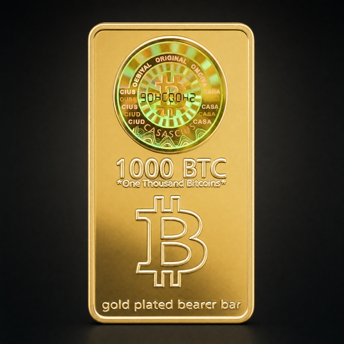 Liberty Collector Bar Horizon Edition, struck face. The wording 1000 BTC, One Thousand Bitcoins and gold plated bearer bar, and the holographic sticker with its lettering and serial digits, are all part of the copied novelty design. The sticker is decorative. The bar contains no private key, no bitcoin and no stored value, and the serial varies between pieces