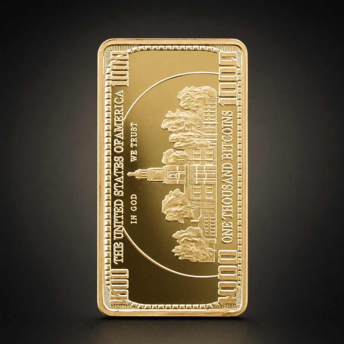 Liberty Collector Bar Horizon Edition, reverse, engraved in the manner of a banknote with THE UNITED STATES OF AMERICA and ONE THOUSAND BITCOINS up the sides and a public building across the field. Decorative artwork only, not currency and not redeemable
