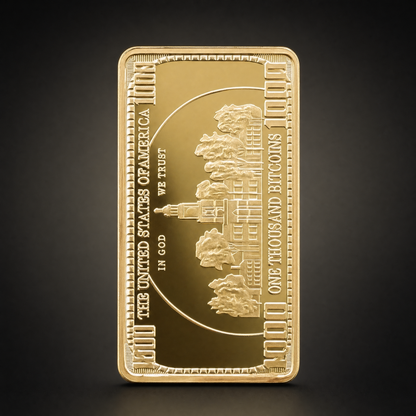 Liberty Collector Bar Horizon Edition, reverse, engraved in the manner of a banknote with THE UNITED STATES OF AMERICA and ONE THOUSAND BITCOINS up the sides and a public building across the field. Decorative artwork only, not currency and not redeemable