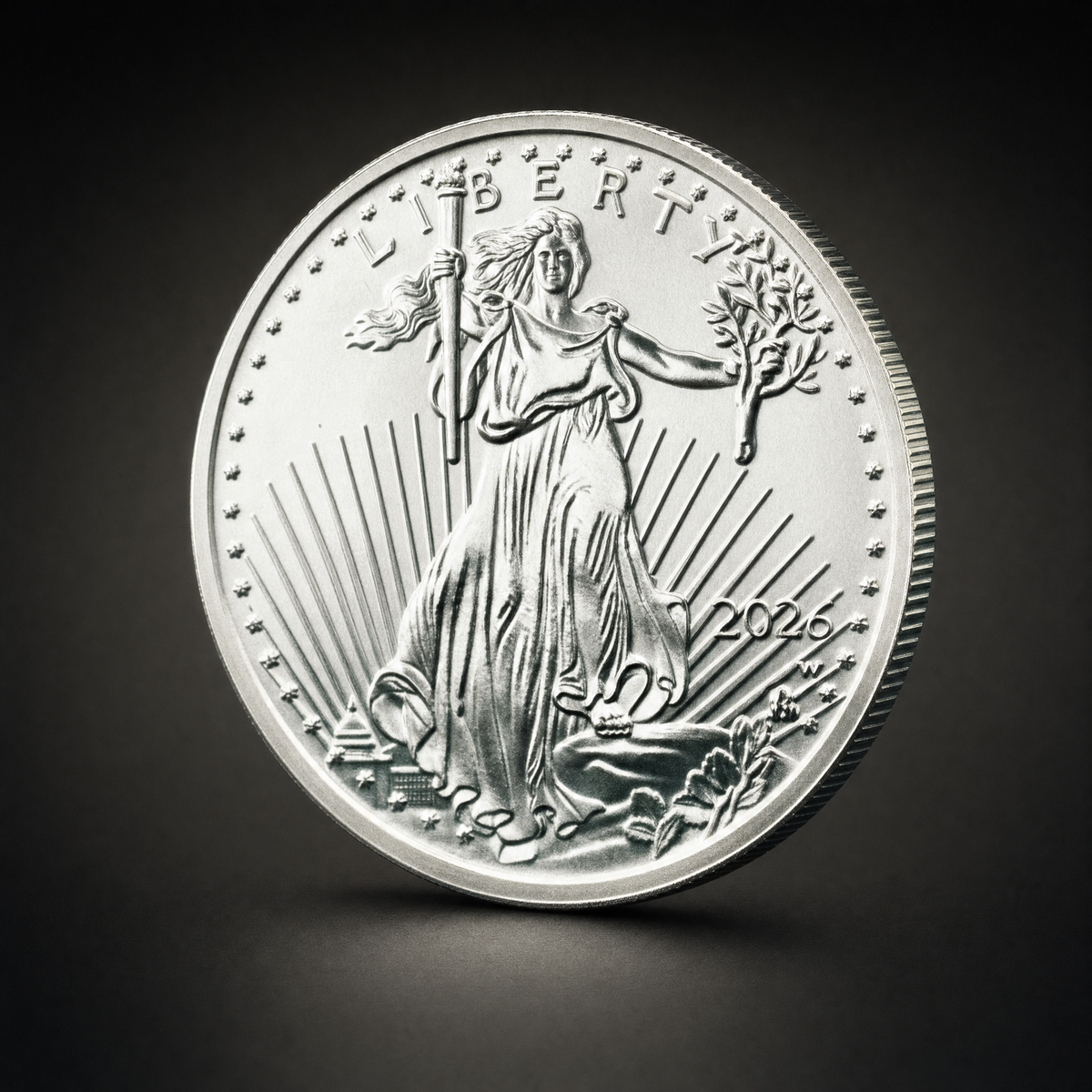 Liberty 2026 Coin Lustre Edition, three-quarter view of the silver-plated tribute replica on the 47 Vault black studio ground