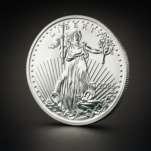 Liberty 2026 Coin Lustre Edition, three-quarter view of the silver-plated tribute replica on the 47 Vault black studio ground