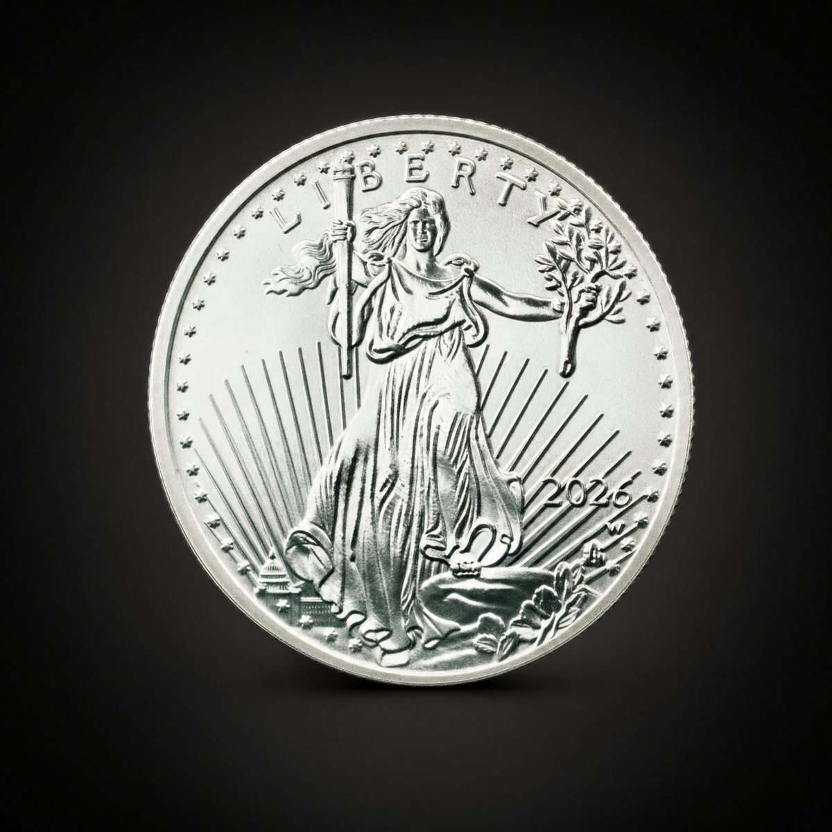 Liberty 2026 Coin Lustre Edition, obverse, the striding Liberty figure with a torch and olive branch, LIBERTY above and the date 2026