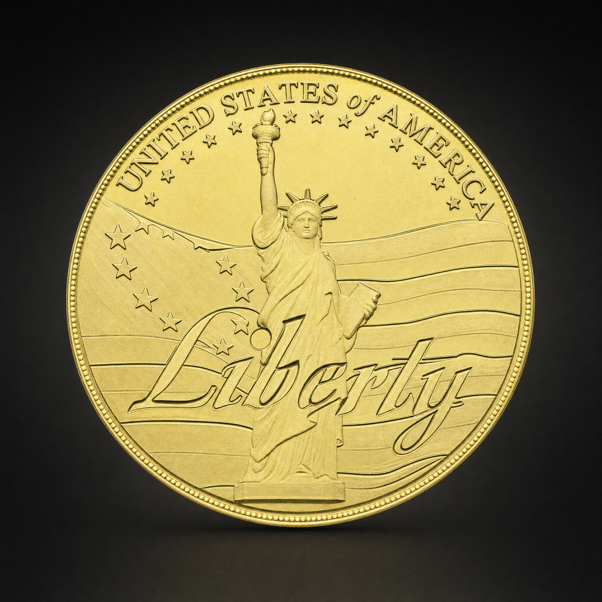 Liberty Coin Guardian Edition, obverse, the Statue of Liberty against flowing flag imagery with UNITED STATES of AMERICA above and Liberty in script below