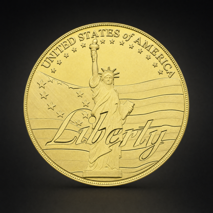 Liberty Coin Guardian Edition, obverse, the Statue of Liberty against flowing flag imagery with UNITED STATES of AMERICA above and Liberty in script below
