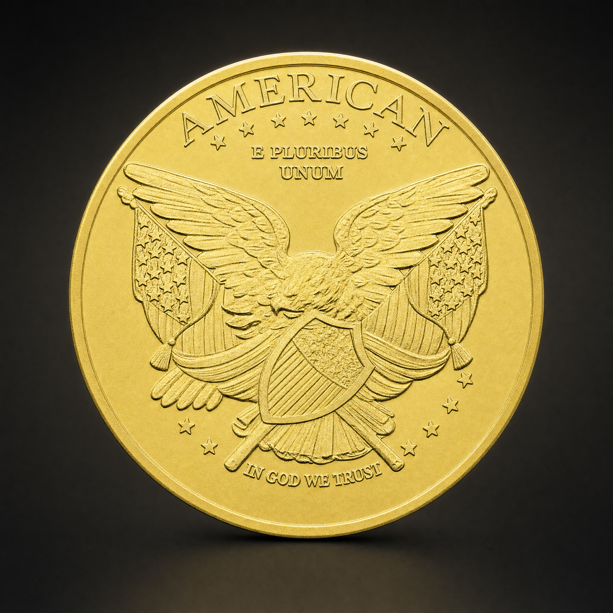 Liberty Coin Guardian Edition, reverse, an eagle with flag wings holding a striped shield, AMERICAN above, E PLURIBUS UNUM below it and IN GOD WE TRUST across the foot