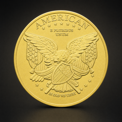Liberty Coin Guardian Edition, reverse, an eagle with flag wings holding a striped shield, AMERICAN above, E PLURIBUS UNUM below it and IN GOD WE TRUST across the foot