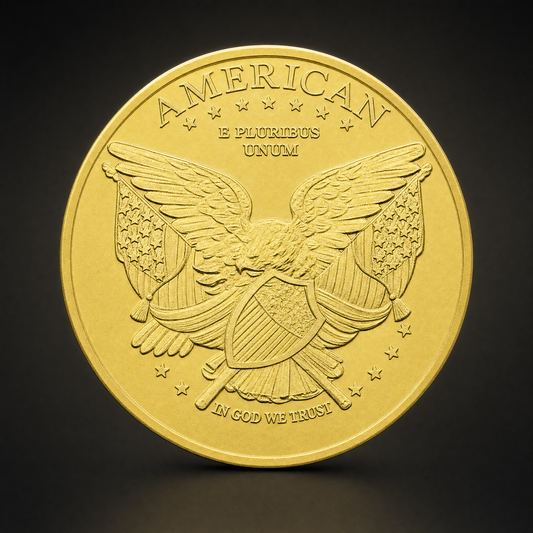 Liberty Coin Guardian Edition, reverse, an eagle with flag wings holding a striped shield, AMERICAN above, E PLURIBUS UNUM below it and IN GOD WE TRUST across the foot