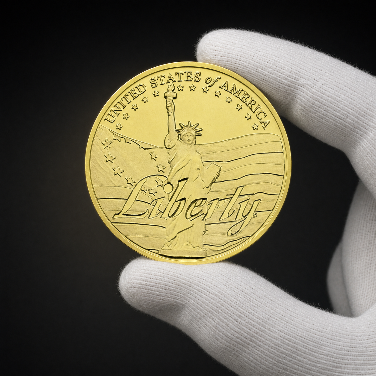 Liberty Coin Guardian Edition held in a white cotton conservator glove, obverse toward the camera