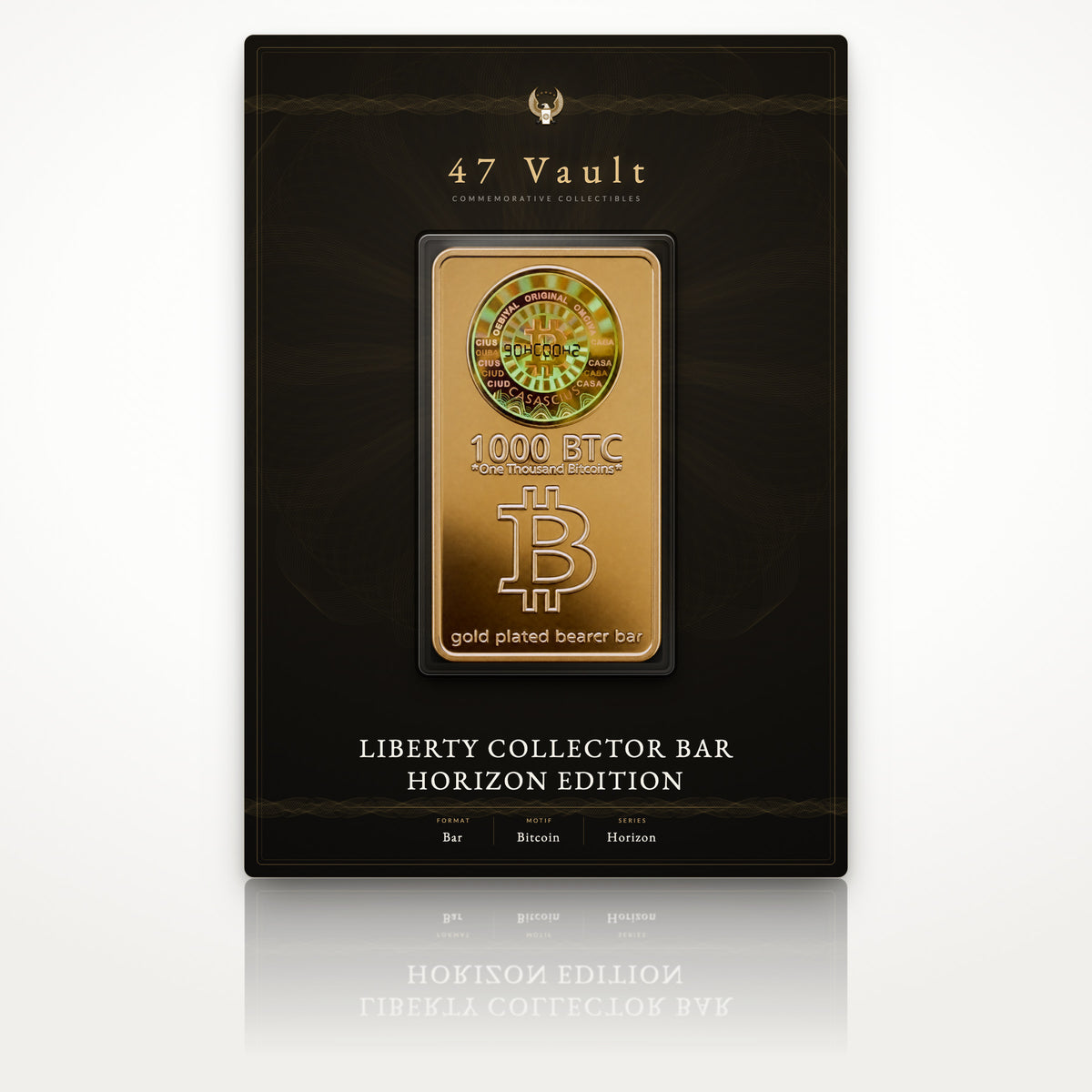 Design concept: proposed 47 Vault presentation card, the Liberty Collector Bar Horizon Edition sealed in a clear capsule. Packaging not currently shipped with the bar.