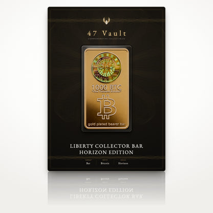 Design concept: proposed 47 Vault presentation card, the Liberty Collector Bar Horizon Edition sealed in a clear capsule. Packaging not currently shipped with the bar.
