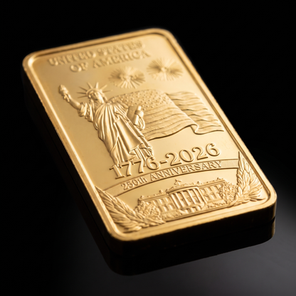 Liberty 250 Bar Founding Legacy Edition, angled detail on black showing the struck 1776 to 2026 legend
