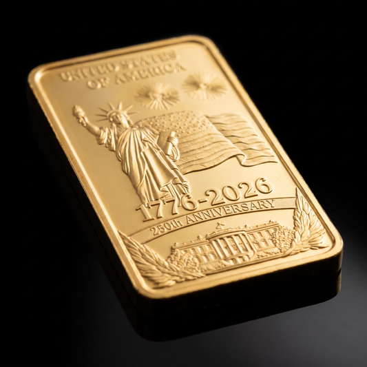 Liberty 250 Bar Founding Legacy Edition, angled detail on black showing the struck 1776 to 2026 legend