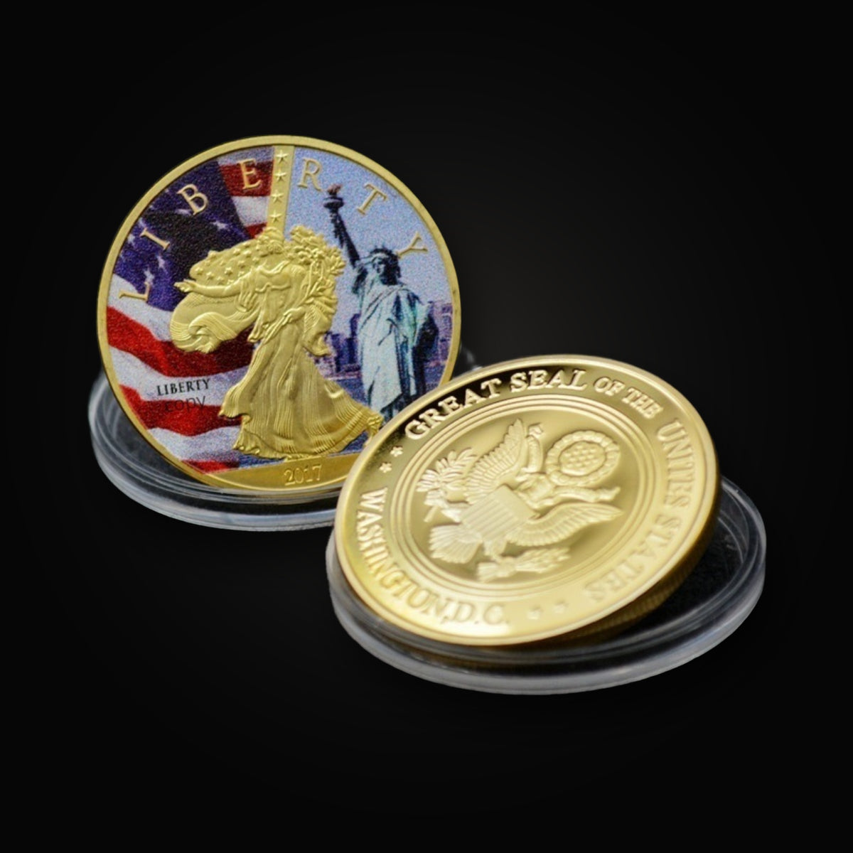 Liberty Coin Union Crest Edition, obverse and reverse in clear protective capsules, colourised commemorative coin, on the 47 Vault black ground