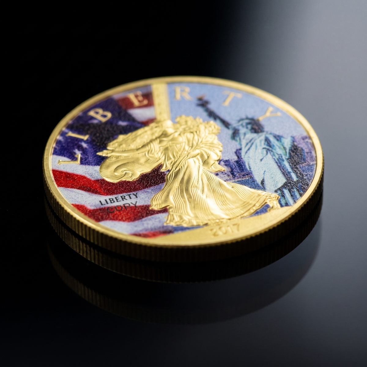 Liberty Coin Union Crest Edition, angled detail on black, the colourised crest lit from the upper right