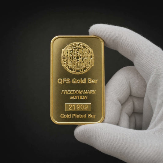 Five second video of the Prosperity Bar Freedom Mark Edition turned slowly in a white cotton conservator glove. The NESARA, GESARA and QFS wording struck on the bar is part of the novelty design and describes nothing about the item