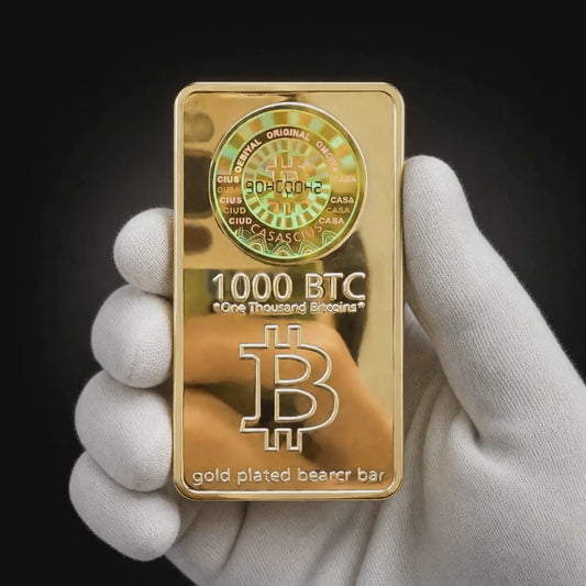 Five second video of the Liberty Collector Bar Horizon Edition turned slowly in a white cotton conservator glove. The holographic sticker is decorative; the bar contains no private key, no bitcoin and no stored value