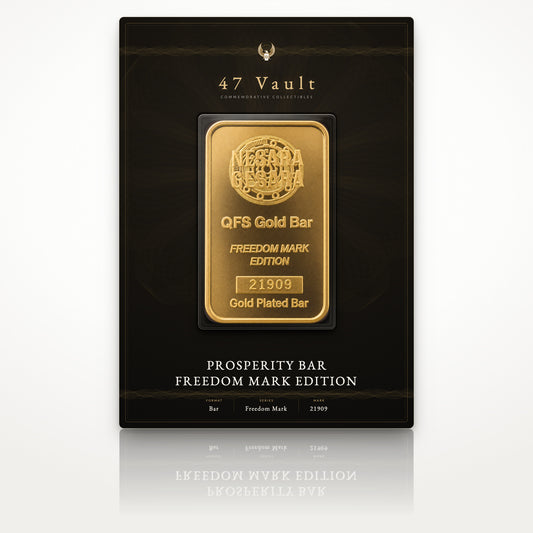 Design concept: proposed 47 Vault presentation card, the Prosperity Bar Freedom Mark Edition sealed in a clear capsule. Packaging not currently shipped with the bar.